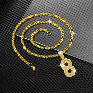 Unisex Number 8 Twisted Chain Necklace Iced Out Lucky Digit Pendant Hip Hop Streetwear Jewelry Sparkling Gold Tone Chain for Daily and Party Wear