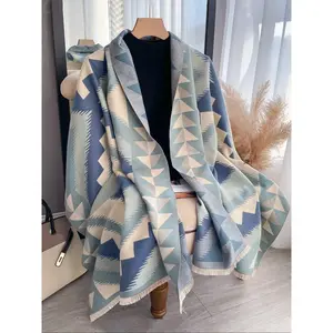 Boho Style Geometric Pattern Fringe Trim Shawl, Casual Soft Warm Thick Double Sided Scarf for Fall & Winter, Fashion Accessories for Women & Girls