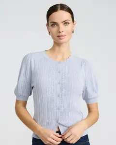 Express Pointelle Crew Neck Short Sleeve Cardigan