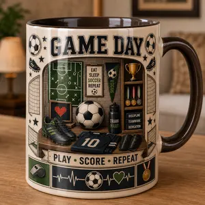 Personalized Soccer Mug, 2D Printed 3D Effect Ceramic Coffee Cup, Game Day Football Pitch Trophy Design, Custom Gift for Soccer Fans, Players, Coaches, Birthday Christmas Gift