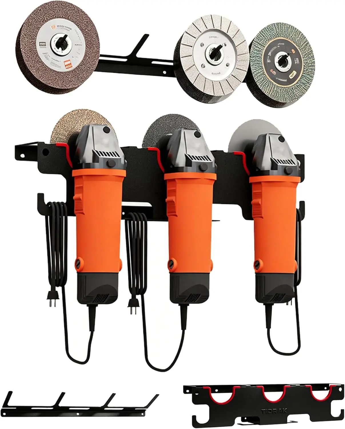 Angle Grinder Holder Wall Mount - Heavy Duty Tool Storage Rack for 5" Grinder, Impact Wrench & Polisher, with Cord Management Hooks & Disc Hooks, Ideal for Workshop & Garage Tool Organization
