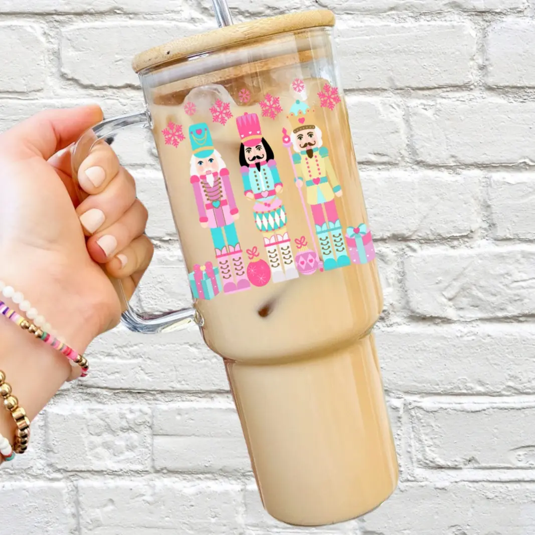 Pink Nutcracker Glass Cup with Lid and Straw - Christmas Nutcracker Aesthetic Drinkware with Bamboo Lid, Holiday Winter Design Iced Coffee Mug 40oz  Portable Glass Tumbler