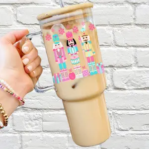 Pink Nutcracker Glass Cup with Lid and Straw - Christmas Nutcracker Aesthetic Drinkware with Bamboo Lid, Holiday Winter Design Iced Coffee Mug 40oz  Portable Glass Tumbler