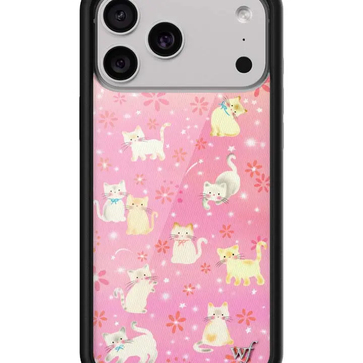 Claire Drake Collab | Limited Edition Trendy iPhone Case | Raised Protective Black Bumper | Women Owned Small Business | Aesthetic Collaboration Pretty Pink Background White and Tan Kittens | Safety Casing Protective | Gift for Her