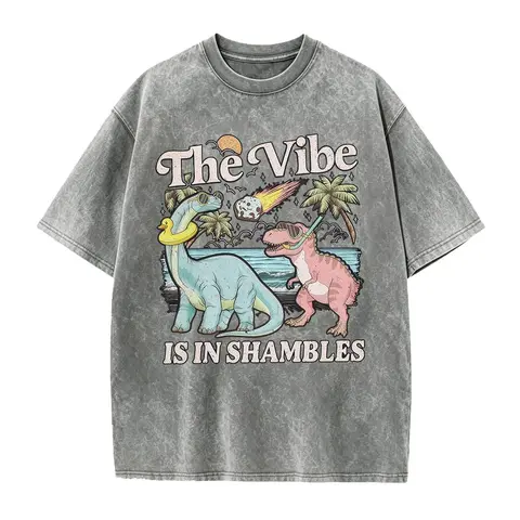 Women's Fitted Round Neck Short-Sleeve Cotton Fabric Graphic T-Shirt - Funny Dinosaur "The Vibe Is In Shambles" Mental Health Top, Women's Gift, Back to School Outfit