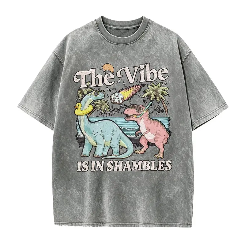 Women's Fitted Round Neck Short-Sleeve Cotton Fabric Graphic T-Shirt - Funny Dinosaur "The Vibe Is In Shambles" Mental Health Top, Women's Gift, Back to School Outfit