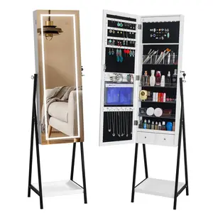 Karlhome 3 Color LEDs Freestanding Jewelry Cabinet with Full-Screen Mirror, Lockable Jewelry Storage Box with Shelf, Large Jewelry Organizers & Storage for Earrings Rings Necklace Cosmetic