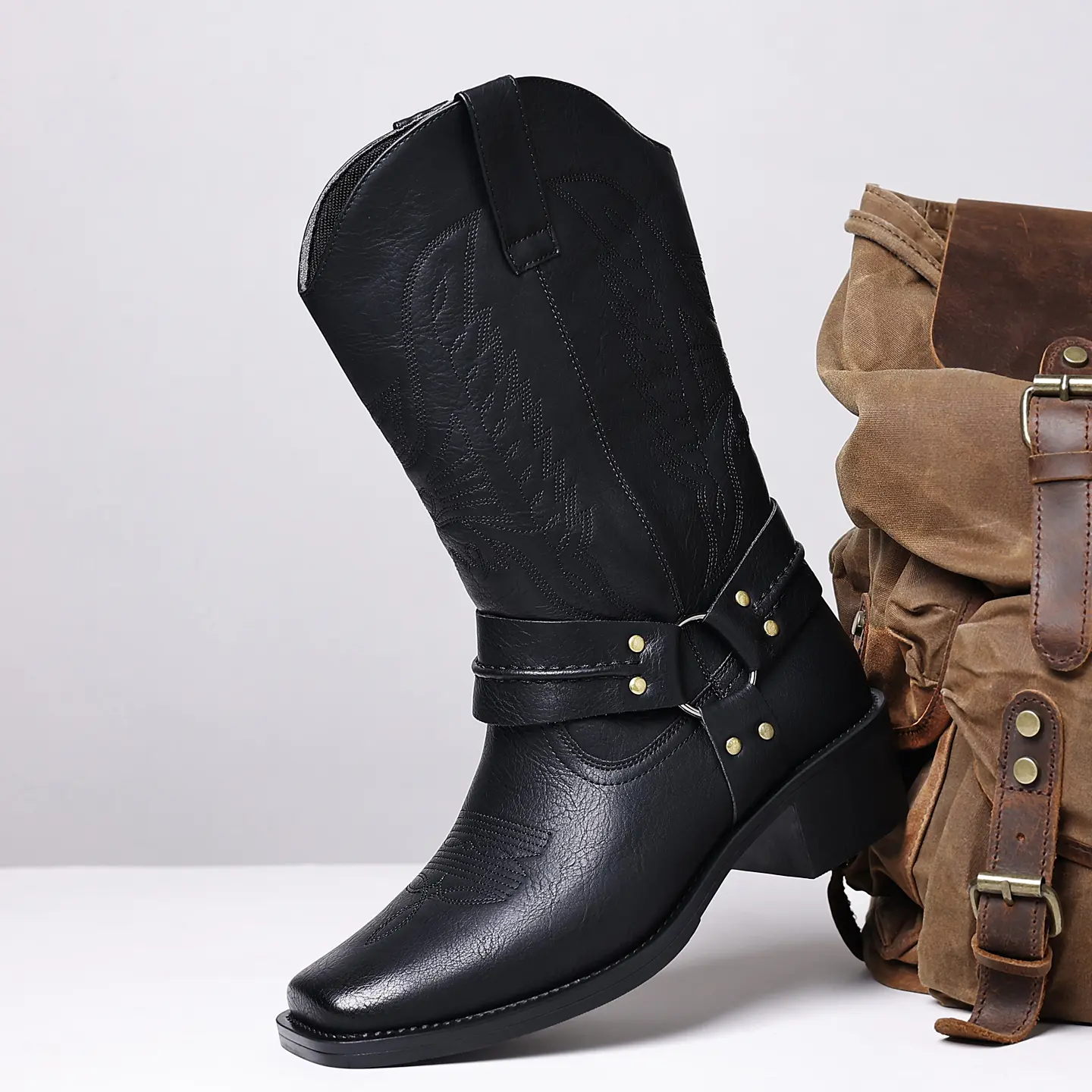 Men's Western Cowboy Boots - Microfiber Leather Vintage Embroidered Harness Square Toe Footwear Non-Slip Mid Heel Riding Boots / holiday comfort