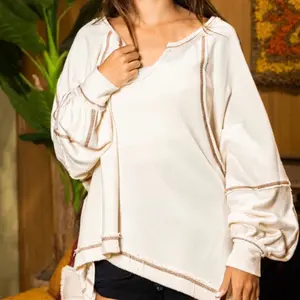 Bucket List-Contrast Stitch Detail Oversize Knit Top- Comfortable