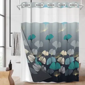 1pc hookless removable shower curtain with buckle lining, blue, white and gold ginkgo leaf pattern design, 2D flat printing, fabric waterproof lining, see-through double-layer shower curtain, 71 x 74 inches, modern home draping curtain