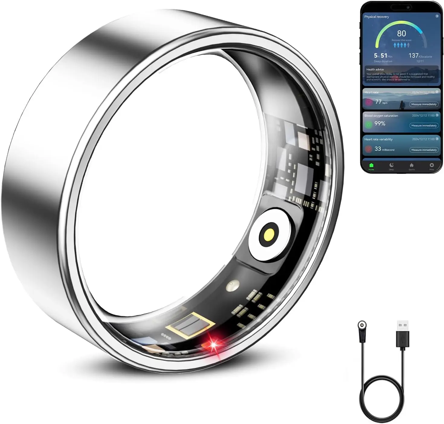 Smart Ring for Women & Men, Smart Ring Health Tracker, Blood Oxygen & Heart Rate Monitor Sleep Ring, Waterproof Fitness Ring, Long Lasting Battery Smart Rings (Silver, 7#) Real time translation,ai interaction slation,instant recording,meeting summarizatio