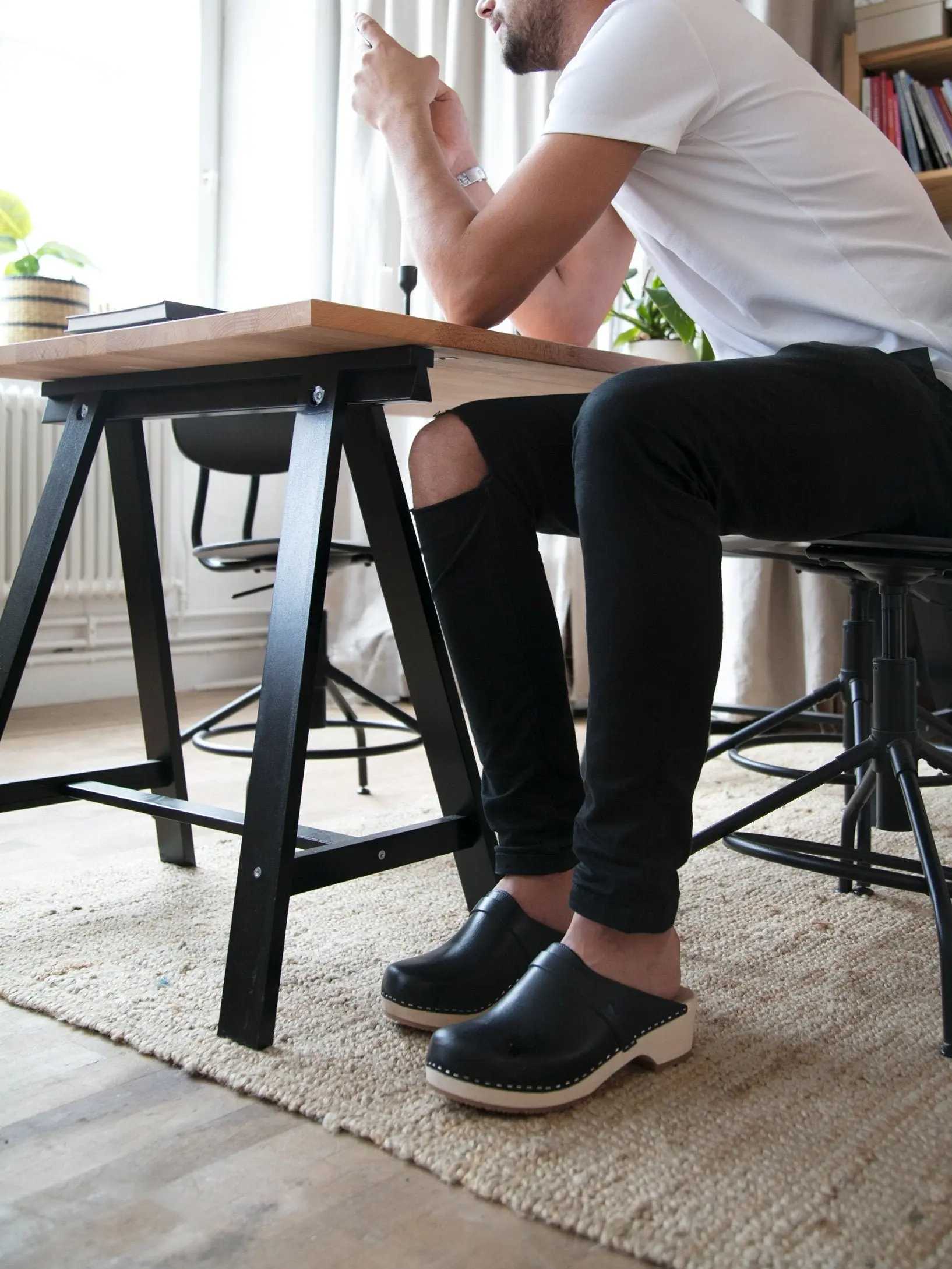 Swedish Wooden Clogs for Men  / Malmö Mules / Mens Wooden Heel Shoes / Vegetable Tanned Leather Clog / Black