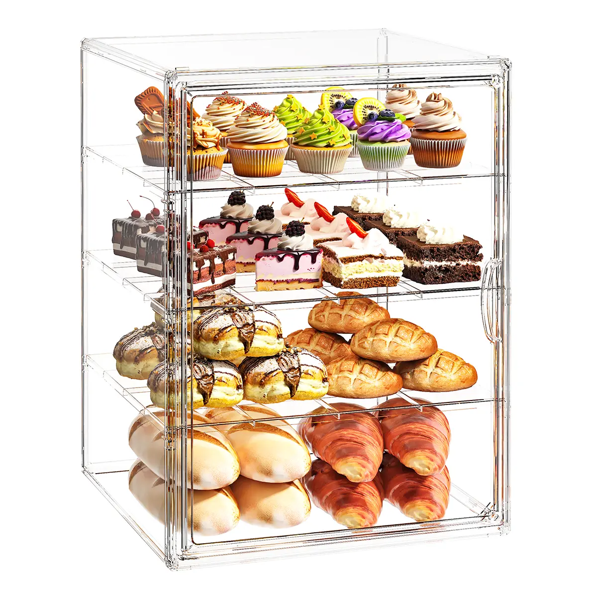 3-Tier Acrylic Dustproof Pastry Display Case with Lid - Bread Storage Bin, Multipurpose Food Organizer, Dry Food Storage Container for Kitchen Countertop, Coffee Bar Home Serving with Transparent Front Access Doors