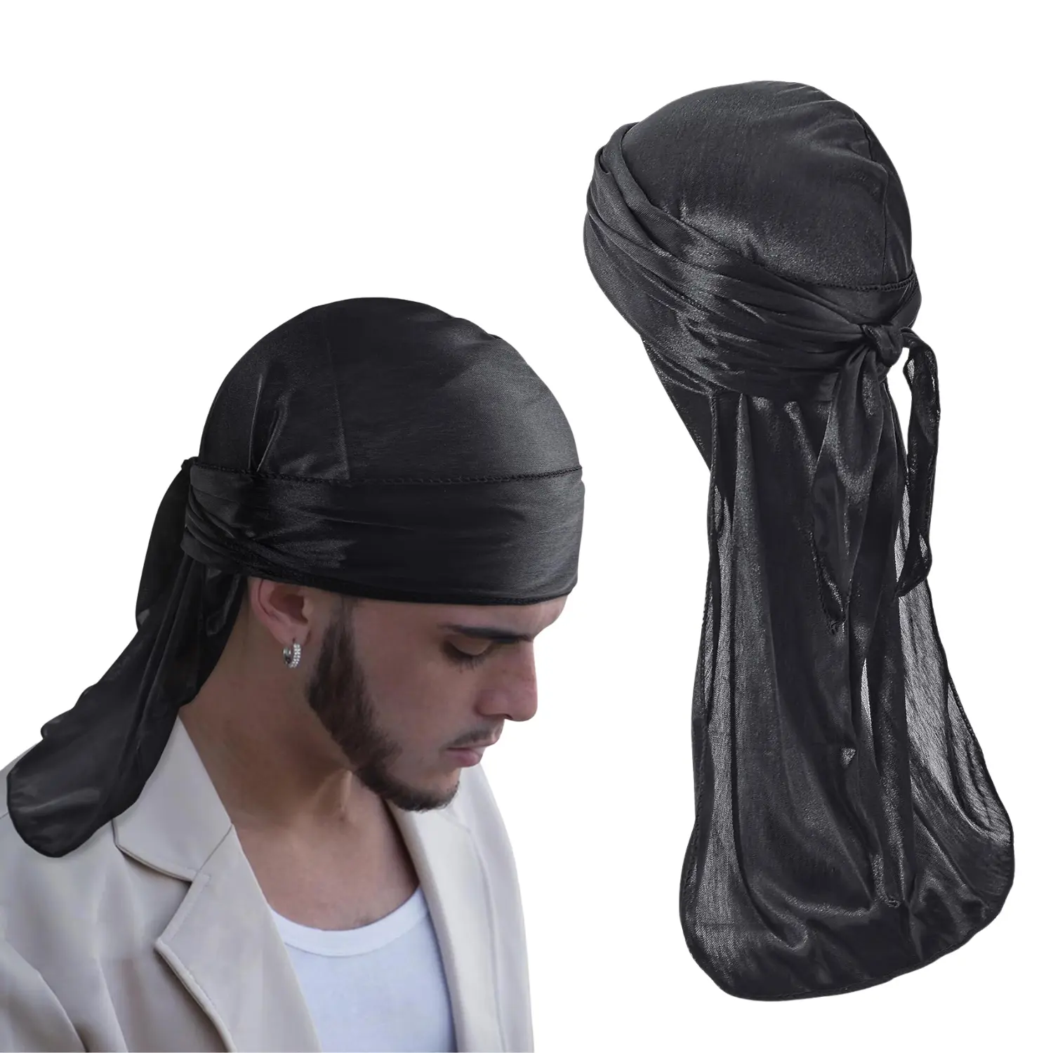 Black Silky Durag Cap Ultra Soft Breathable Satin Head Wrap for 360 Waves Braids Locs Long Tail for Men and Women