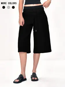 Women's Plain Double Layer Drawstring Waistband Capris  Sweatpants, Casual Retro Wide  Leg Trousers for Daily Wear, Ladies Bottoms for Summer