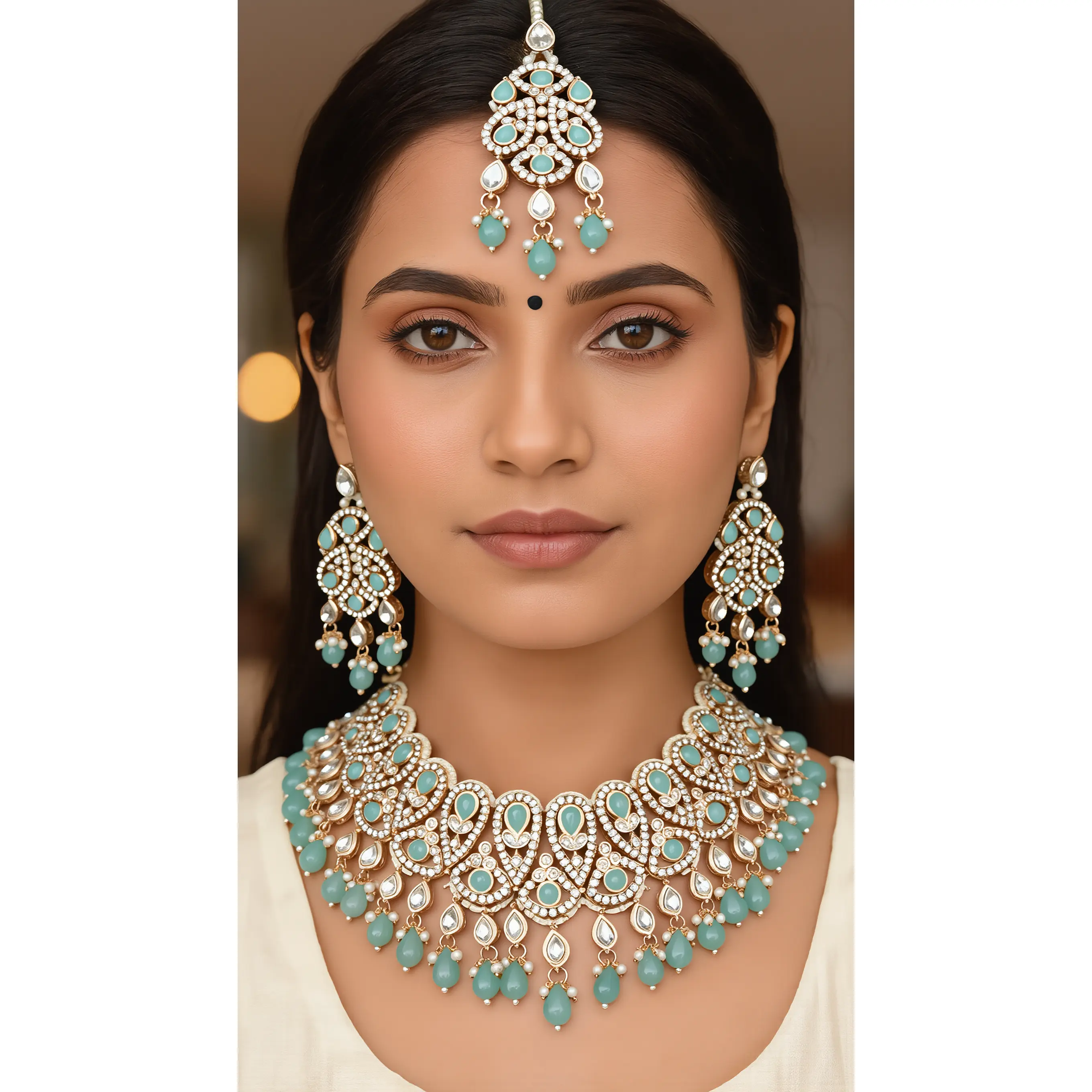 Aqua Blue Kundan Bridal Jewelry Set with Earrings & Maang Tikka | Rose Gold Indian Pakistani Afghan Wedding Necklace | Jewelry Gift Box Included 6045
