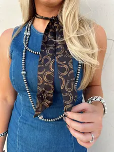 Black Silk Twilly Scarf with Tan Horseshoe Pattern