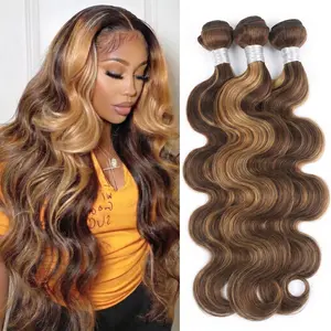 【Gefily】14A Grade Brazilian Virgin Human Hair Bundles, P4/27 Highlight Brown Body Wave, 16-30 Inch Honey Blonde Weave Extensions for Women