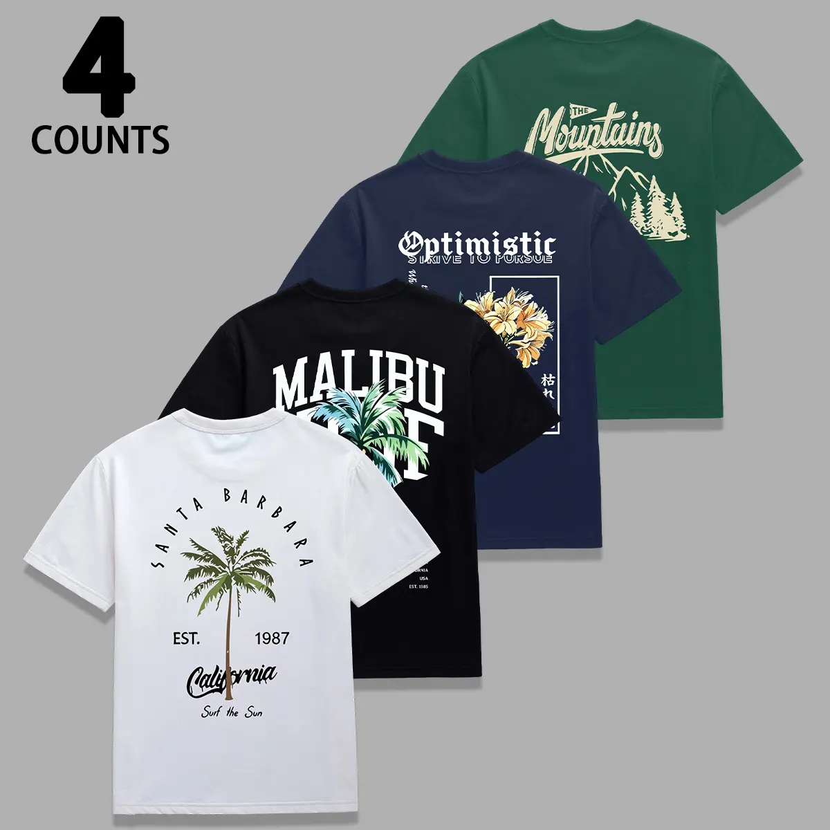 Men's 4-Piece Casual Tshirt Set, Male Clothing Short-Sleeve Round Neck Streetwear Tops with Tropical & Floral Graphic Prints, Wrinkle-Resistant Relaxed Fit for Warm Weather, Good Graphic Tees Ideal Gifts for Him