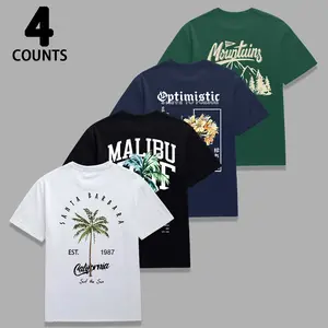 Men's 4-Piece Set Tropical Short-Sleeve Graphic T-Shirts, California Beach & Optimistic Floral Prints, Premium Wrinkle-Resistant Material, Relaxed Fit for Warm Weather Activities & Weekend Trips