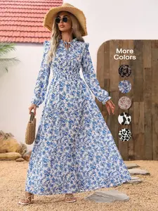 Women's Floral Boho Bohemian Self-Tie Neckline Dress, Autumn Winter Long Sleeve A-Line Skirt Set, Waist Slimming Fitted Elegant Style Womenswear
