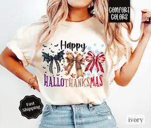 Happy Hallothankmas Shirt Comfort Colors , Halloween Thanksgiving Christmas Shirt,  Women's Holiday Tee
