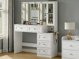 43" W Vanity Desk with Mirror & 11 Lights, Modern Makeup Desk with 5 Drawers  3 Lighting Modes, Adjustable Brightness, Power Outlet, Dressing Room Table, White, Built-in Charging Station, Easy Assembly