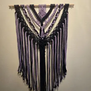 Handmade Macrame Wall Hanging in Purple and Black with Fringe and Geometric Design