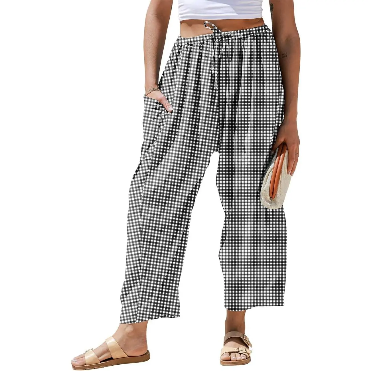 Womens Linen Wide Leg Striped Pants Casual Barrel Palazzo Harem Pants | Gingham Pants, Loose Fit Drawstring Baggy Pants, Side Pockets, Lounge Pants, Beach Travel Vacation Trousers