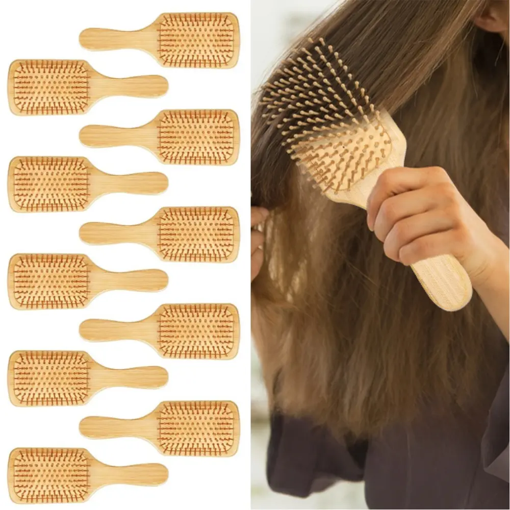 10 piece Bamboo Hair Brush Round-tipped Bamboo Bristles Detangling Brushes Paddle Mini Wood Hairbrushes for Women Men