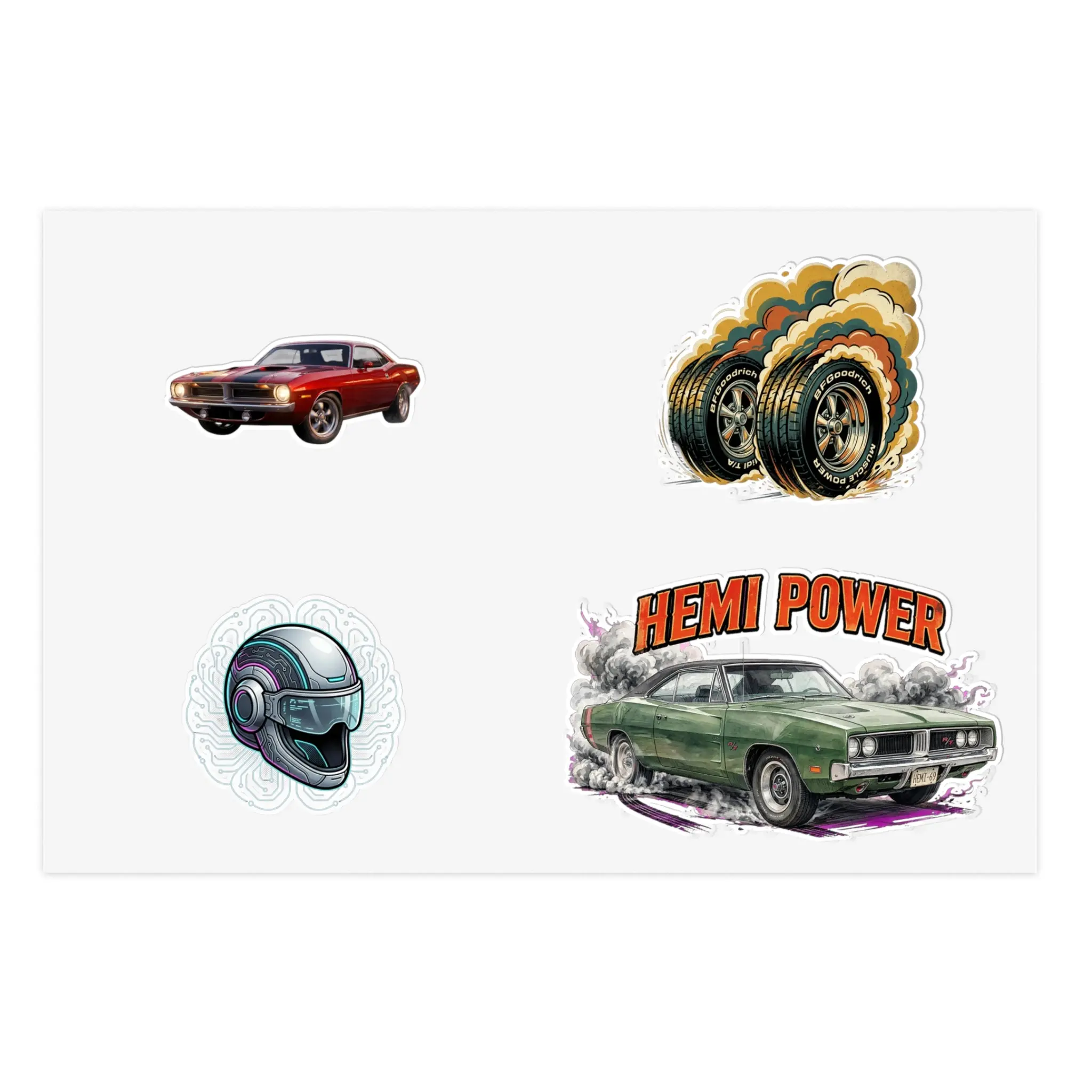 Hemi Power Muscle Car Sticker Sheet — Retro Racing Car & Helmet Decals