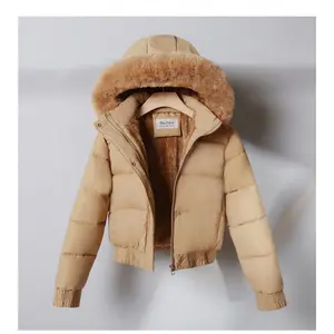 Women's Zip Up Pocket Design Shirred Waist Jacket Fuzzy Trim Fleece Lined Hooded Puffer Coat Windproof Jackets