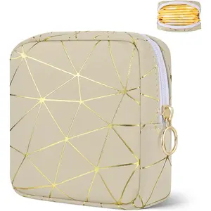 Likesing Sanitary Napkin Storage Bag, Leather Portable Period Bag for Girls Women, Sanitary Napkin Period Pad Pouch Tampon Holder for Purse (Beige Gold, Small-5.1")