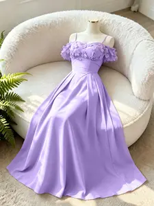 Women's Lavender Purple Off Shoulder Maxi Dress, Spaghetti Strap Sweetheart Neck Formal Dress with 3D Floral Applique, A-Line Flared Evening Gown for Wedding Guest Prom Cocktail Party