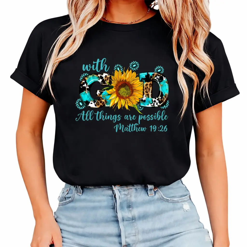 Women's Sunflower Print Crew Neck Short-Sleeve T-Shirt - Comfortable Casual Fashionable Top for Spring & Summer, Everyday Leisure Womenswear, Golf Gift for Men & Women