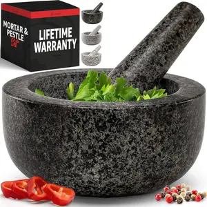 Heavy Duty Large 2 Cup Mortar and Pestle Set,100% Granite, Non Slip Base, Make Fresh Guacamole, Salsa, Pesto, Stone Grinder Bowl, Herb Crusher, Spice Grinder, 6.3 Inch Size, Black