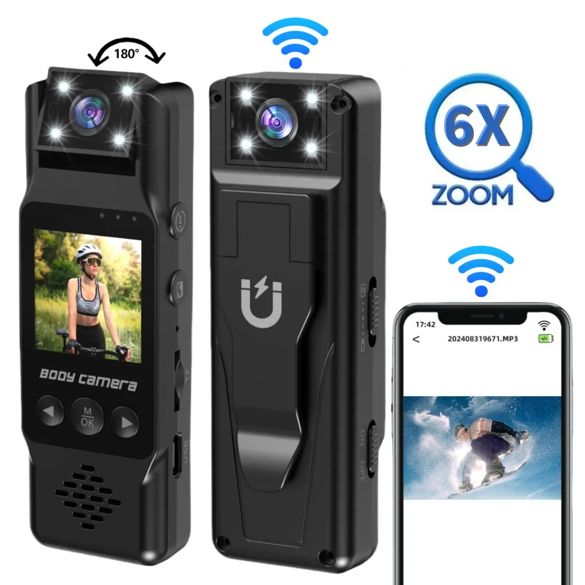 HD 1080p Portable Wifi Sports Camera, 1.3'' LCD Display Body Cameras Video Recording Camera with 180° Rotation Lens, Vlog Action Camera Night-Vision for Outdoor Sport Cycling