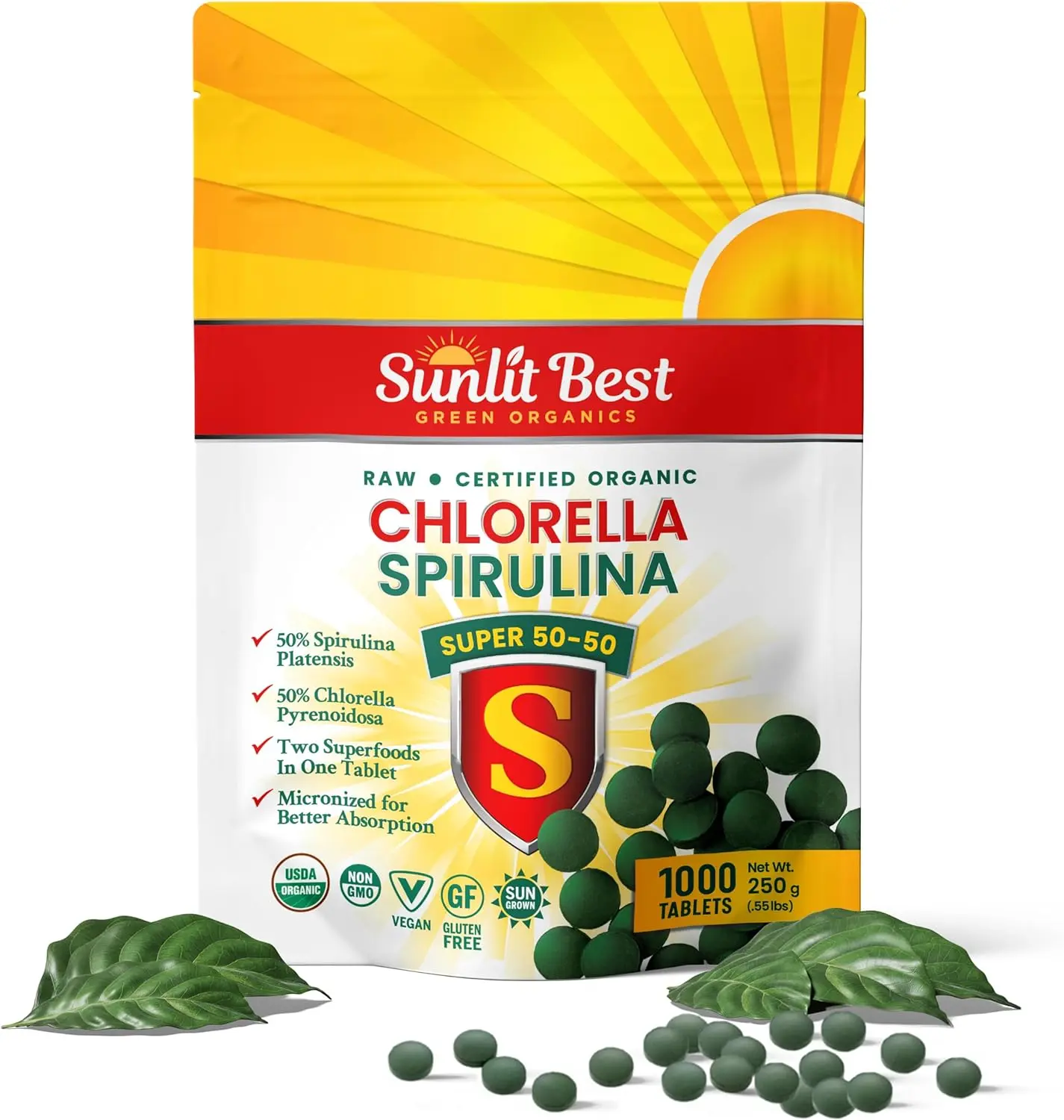 Sunlit Best Super 50/50 Organic Chlorella & Spirulina 1,000 Tablets - Super Greens Supplement for Immune Support, Gut Health, Natural, Dietary, Edible