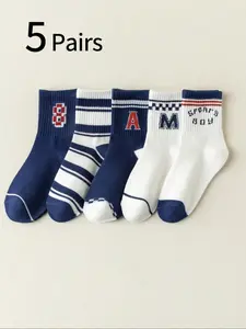 Boys' Letter Number Striped Socks, 5 Pairs, Youth Sports Mid-Calf Socks, Spring Fall Student Basketball Socks, Casual Stylish Socks