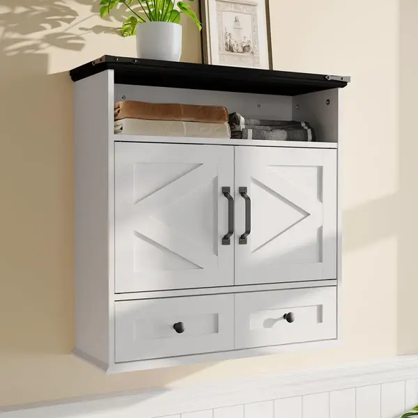[FLASH SALE] Garvee Bathroom Wall Cabinet with Barn Doors and 2 Drawers, White