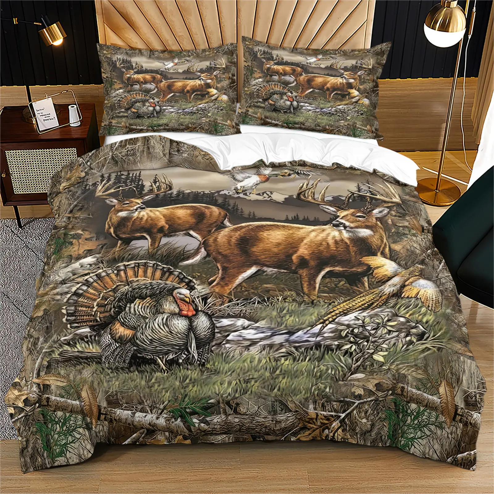 The turkey and elk pattern decorative bedding set , soft and durable. It includes one quilt cover and one or two pillowcases, but does not include a quilt core or pillow core. It is suitable as a Christmas gift