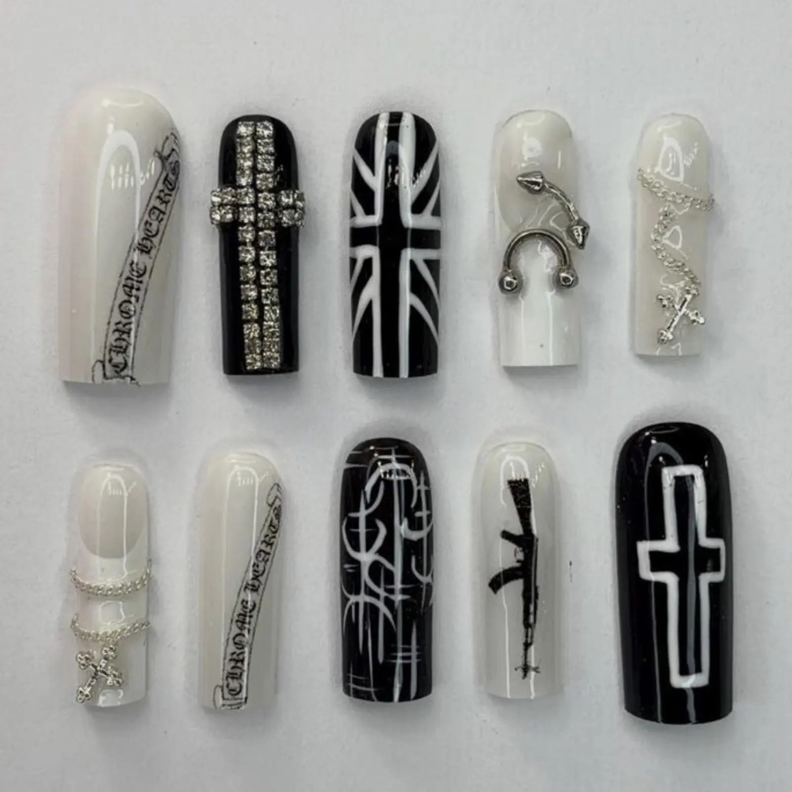 Black & White Gothic Cross Press On Nails | Grunge Punk Chrome Chain Nail Art | Edgy French Tip Fake Nails | Handmade Alternative Gel Set