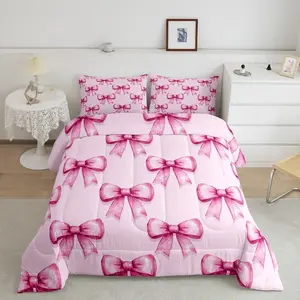 Feelyou Pink Bowknot Princess-Style Romantic Watercolor Decorative Bedding Set - Duvet Comforter Set for Bedroom Use