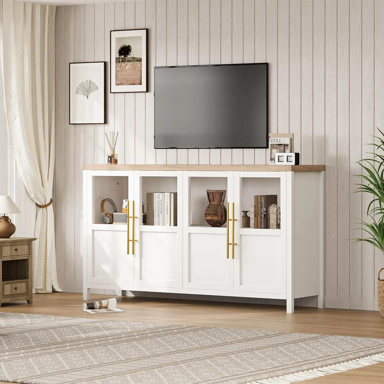 White Sideboard Buffet Cabinet - 55 in Engineered Wood Piece with 4 Glass Doors, Farmhouse Look, Sturdy Base, Easy Setup, Supports 200 lbs - Storage for Kitchen, Dining Room