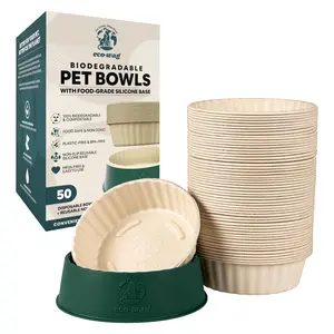 EcoWag Pet Water & Food Bowls - 50 Compostable Bowls with Silicone Base, Portable Puppy & Large Breed Feeding Set, Eco-Friendly Travel-Friendly Cat Bowl Refills