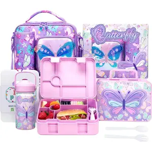 Butterfly Lunch Box for Girls Bento Box for  with Lunch Bag,Stainless Steel Water Bottle,Ice Pack Set Birthday Gifts for Ages 3-12  to School  Girls
