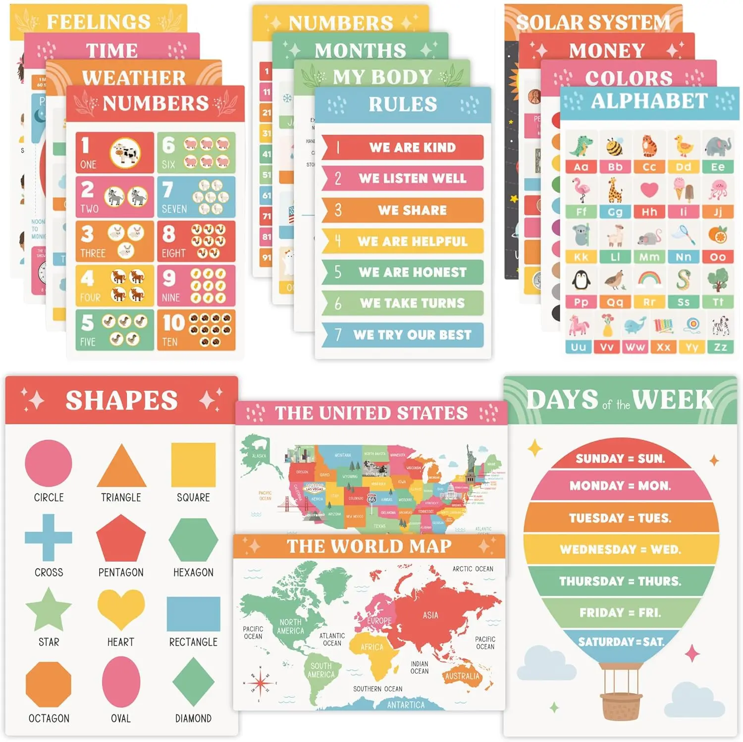 16-Piece Waterproof Educational Posters for 1-3 Year-Olds, 11x17 Size Colorful Charts, Alphabet-Number-Solar System Designs, Learning Aid School & Office Stationery Supplies for Classroom Homeschool