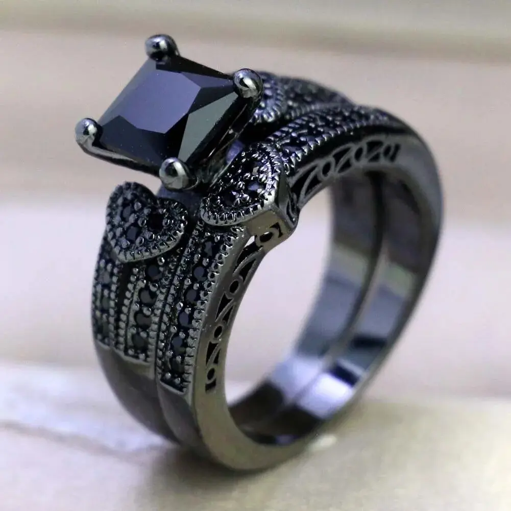 Fashion Couple Rings Women Black Heart Crystal CZ Rings Set Men's Two Rows Black CZ Stone Stainless Steel Ring Wedding Jewelry