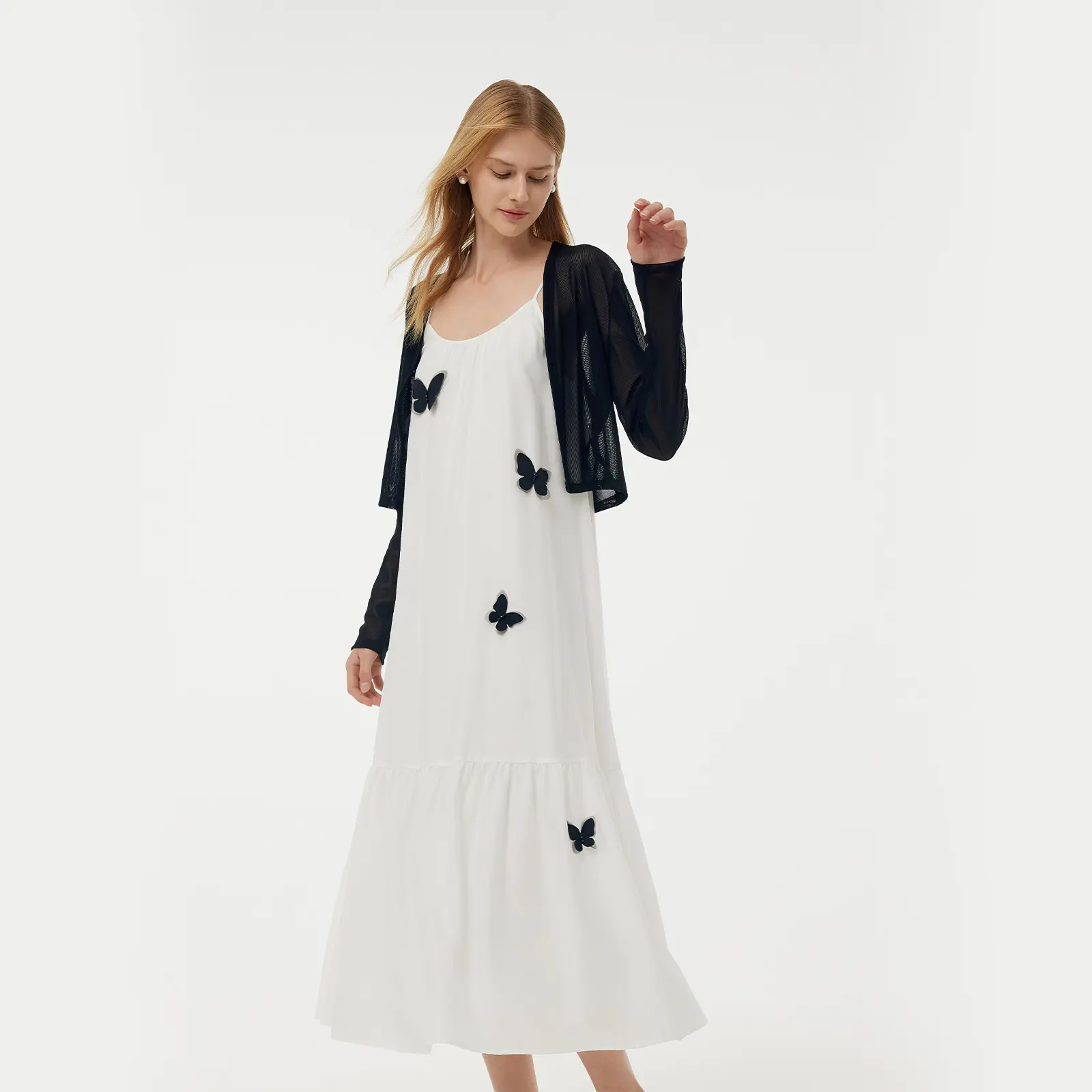 Acetate 3D Butterfly Maxi Dress And Cardigan Two-Piece Set