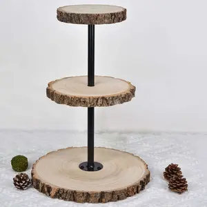 3-Tier Wooden Cheese Board Stand Tower Design Natural Wood Slice - Rustic Cupcake Centerpiece with Assembly Tools 19"